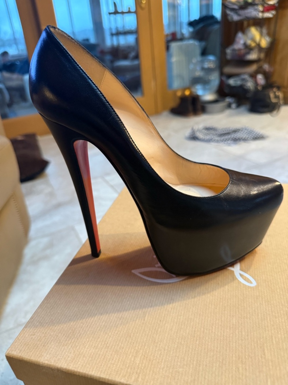 Christian Louboutin Black Leather Platform Pump with Red Sole Stiletto